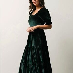 Baltic Born Vivaldi Smocked Velvet Midi Dress Emerald Green Puff Sleeve Size L